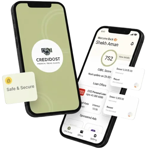 CrediDost mobile app showing CIBIL score and loan offers